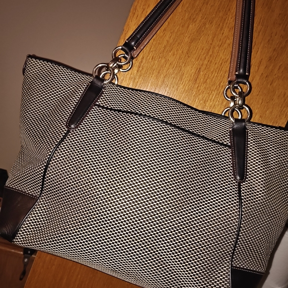 Coach Black and White Signature Tote with Brown Leather Handles - Picture 2 of 3